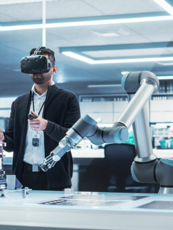 A STEM engineer operating a robotic arm using a VR headset
