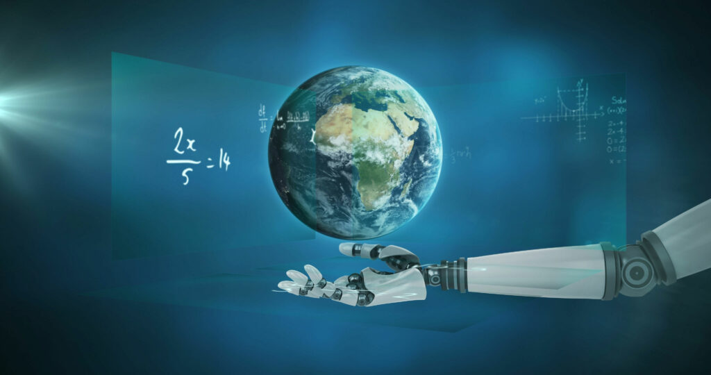 A robot arm holding the globe in it's hand