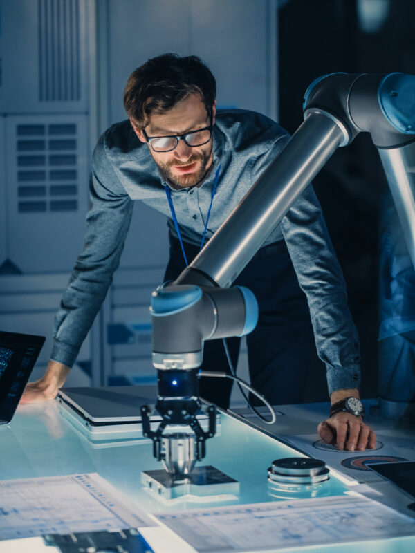 A STEM engineer working on a robotic arm
