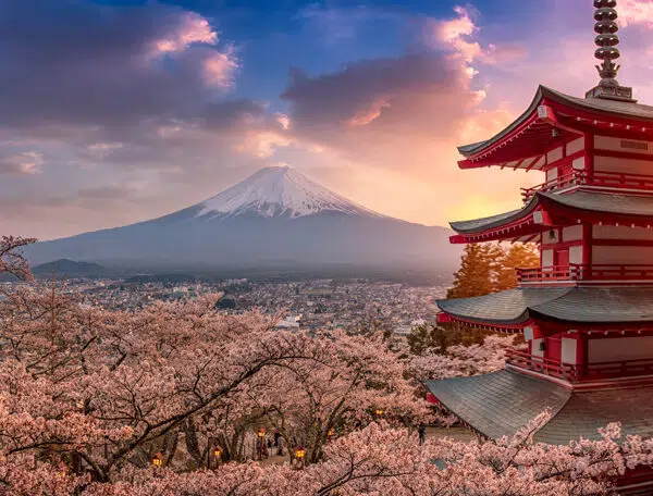 Fuji Mountain and Chureito Pagoda in Japan on an overseas school trip