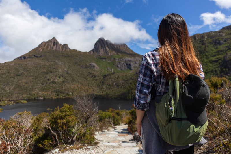 Student hiking with a backpack